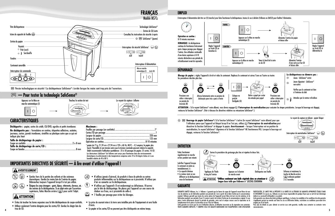 Fellowes MS7CS manual Emploi, Dépannage, Entretien, Garantie 