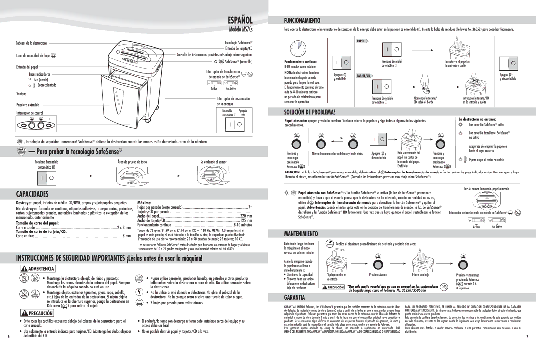 Fellowes MS7CS manual Funcionamiento, Solución DE Problemas, Mantenimiento, Garantia 