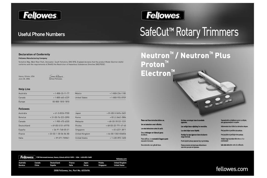 Fellowes Neutron Plus, Electron, Proton manual SafeCut Rotary Trimmers 