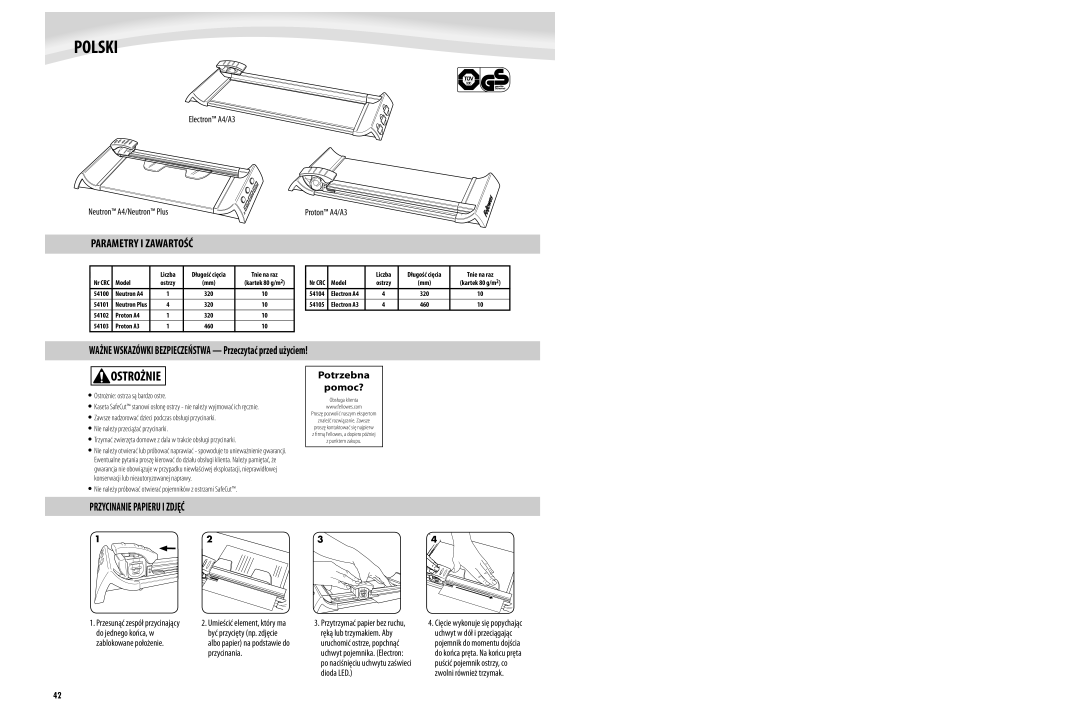 Fellowes Electron, Neutron Plus, Proton manual Parametry I Zawartość, Przycinanie Papieru I Zdjęć 
