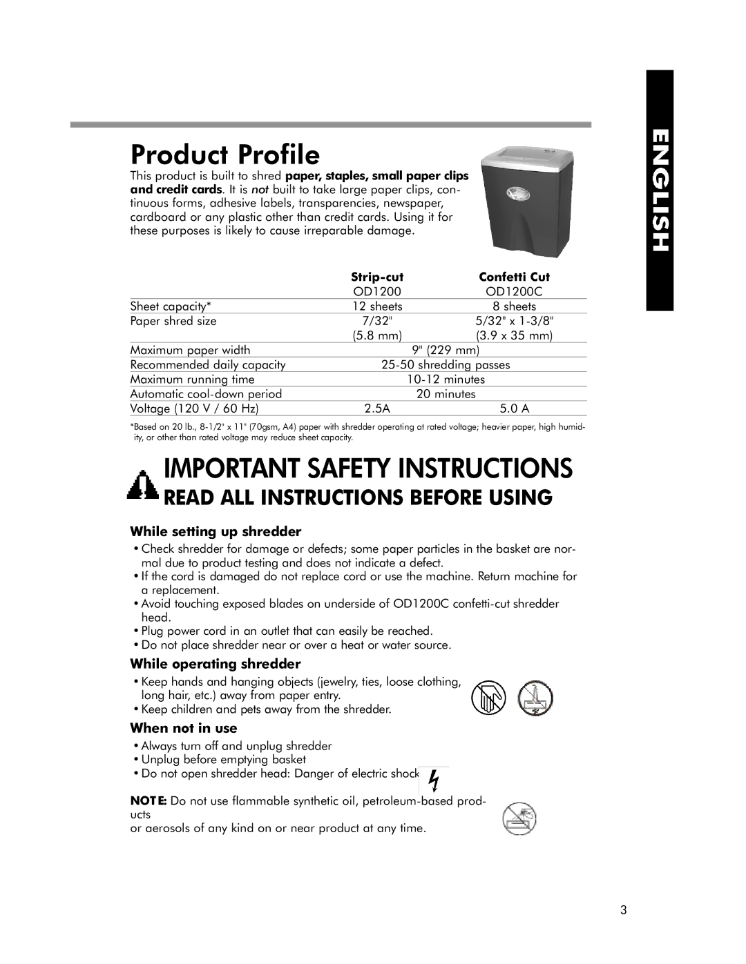 Fellowes OD1200C manual Product Profile, While setting up shredder, While operating shredder, When not in use 