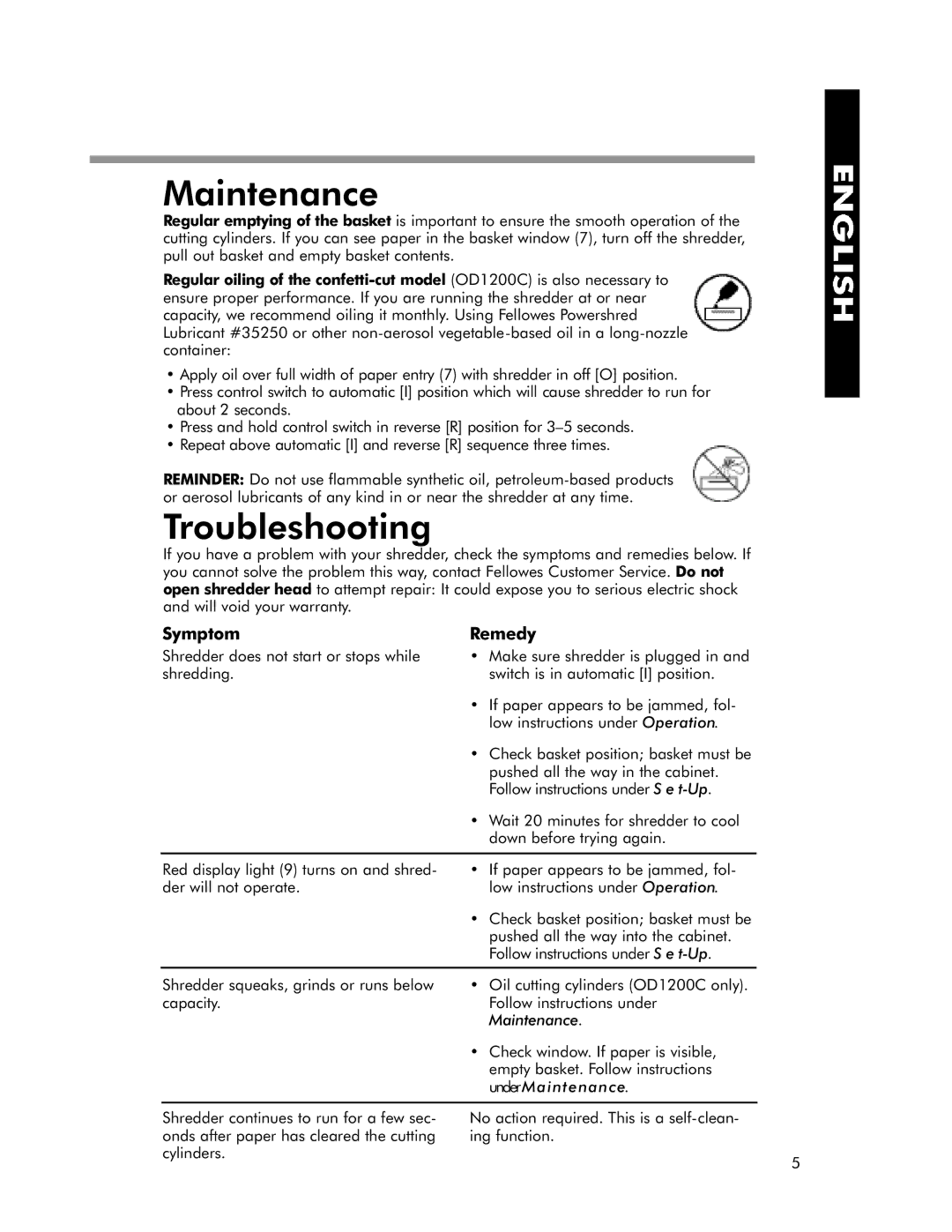 Fellowes OD1200C manual Maintenance, Troubleshooting, M p t o m, Re m e d y 