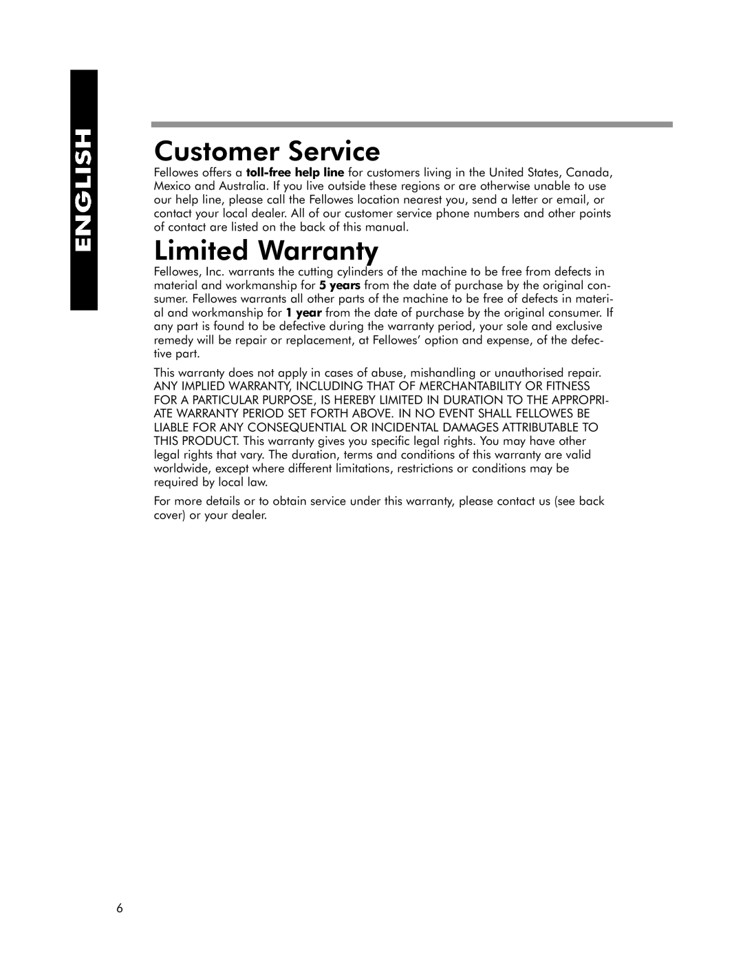 Fellowes OD1200C manual Customer Service, Limited Warranty 