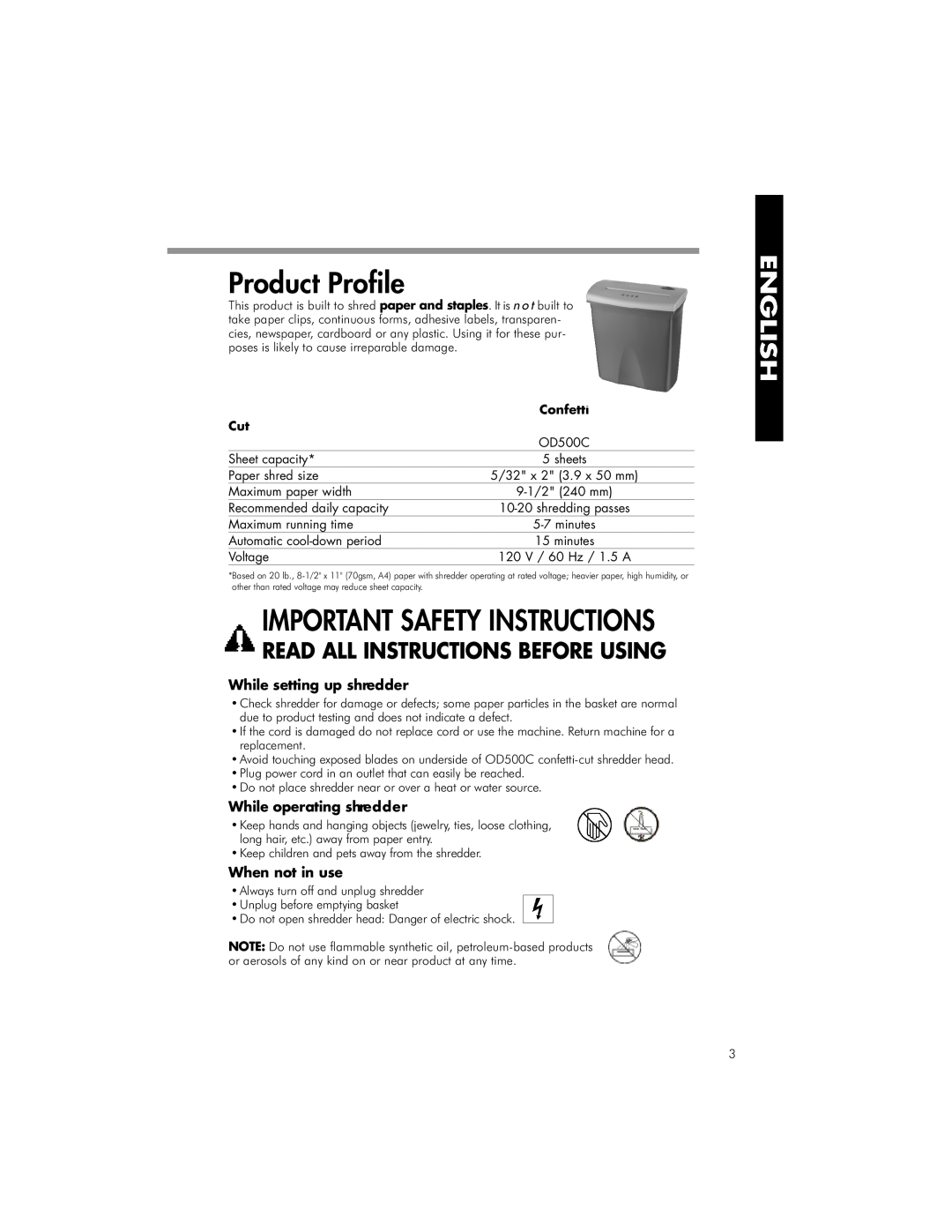 Fellowes OD500C manual Product Profile, Important Safety Instructions, While setting up shredder, While operating shredder 