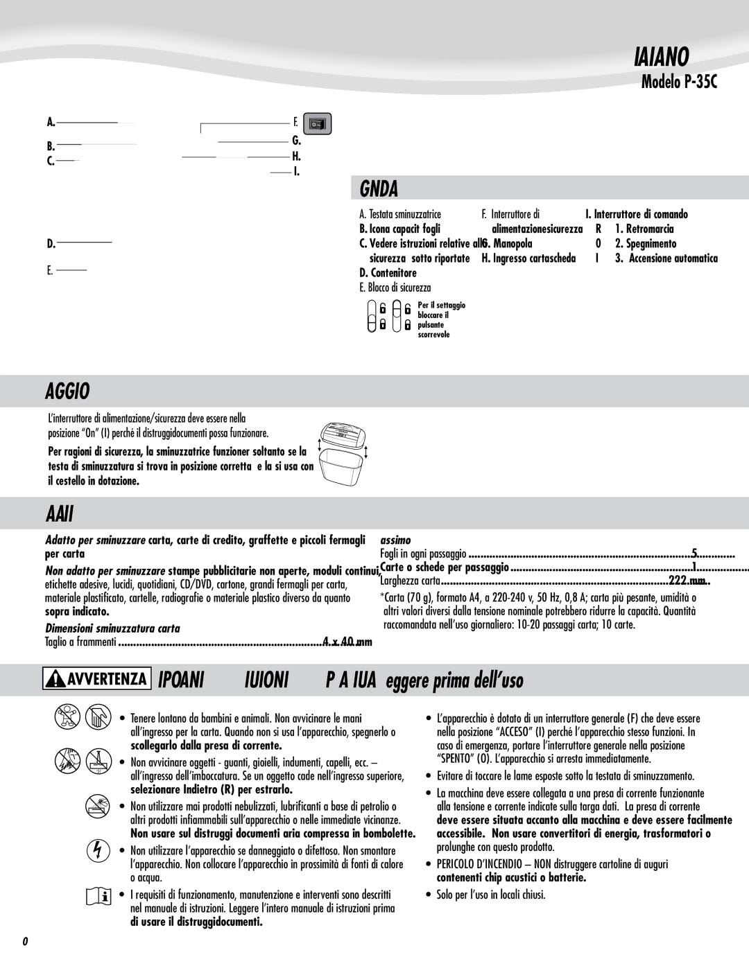 Fellowes P-35C manual Italiano, Settaggio, Caratteristiche, Dimensioni sminuzzatura carta, Massimo 