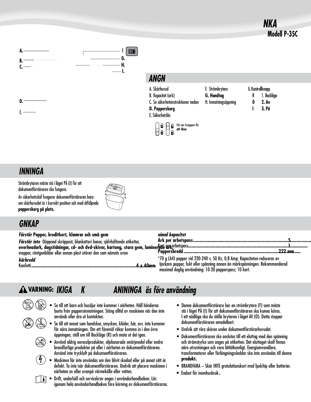 Fellowes P-35C manual Svenska, Tangent, Inställningar, Egenskaper 