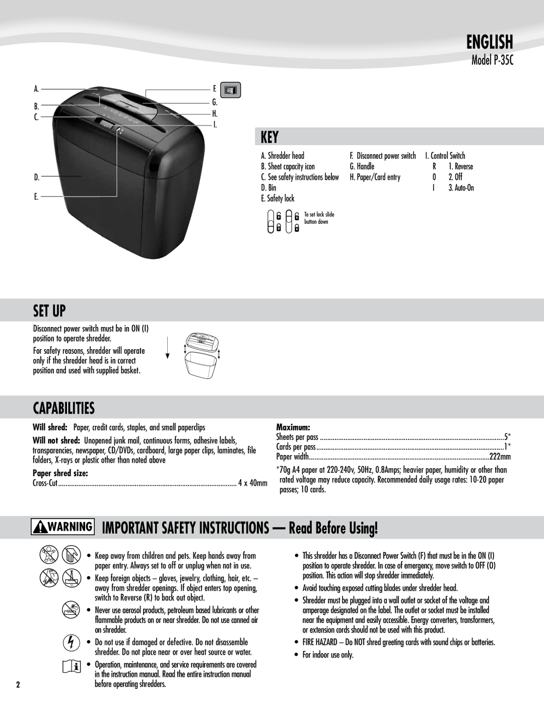 Fellowes P-35C manual English, Key, Set Up, Capabilities, Paper shred size 