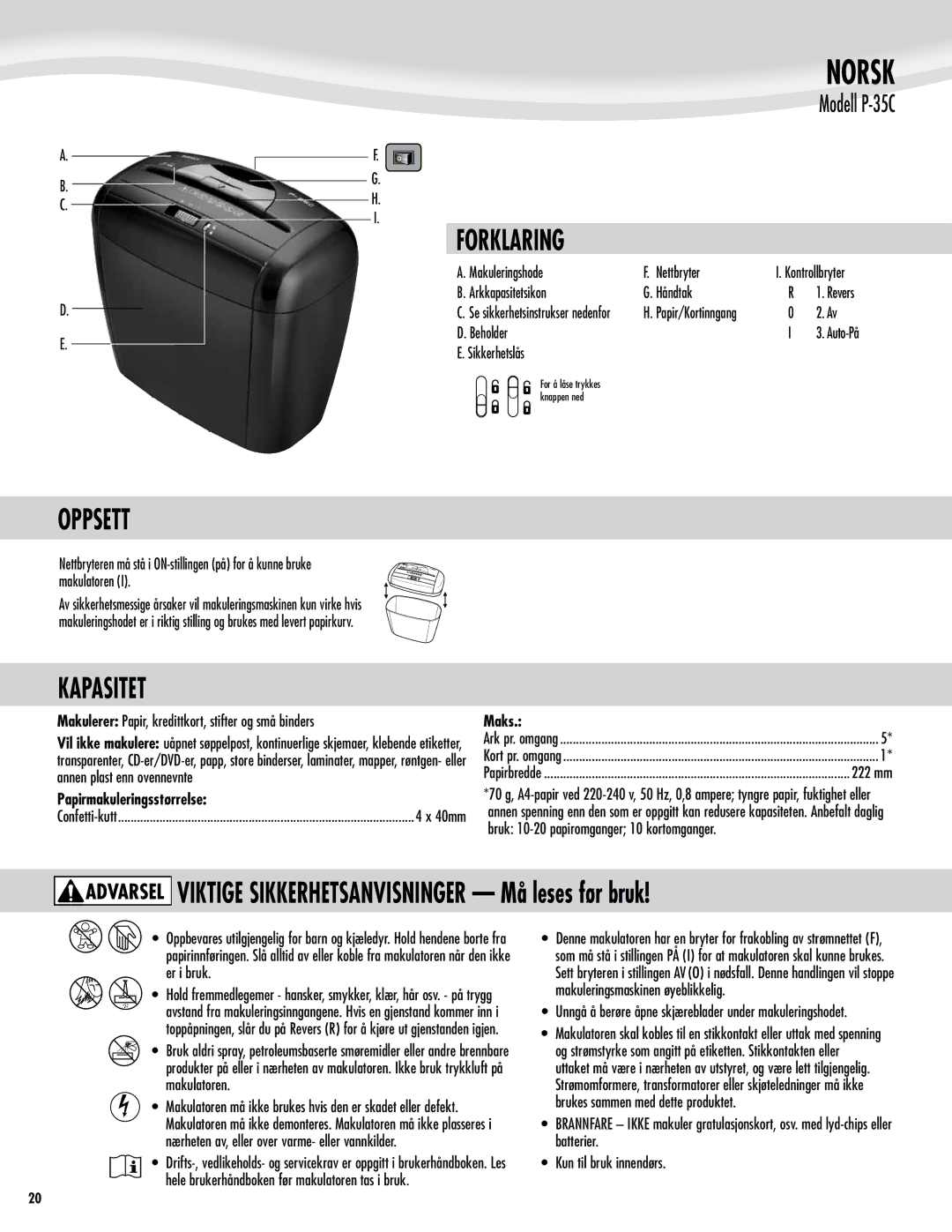 Fellowes P-35C manual Norsk, Oppsett, Forklaring, Kapasitet 