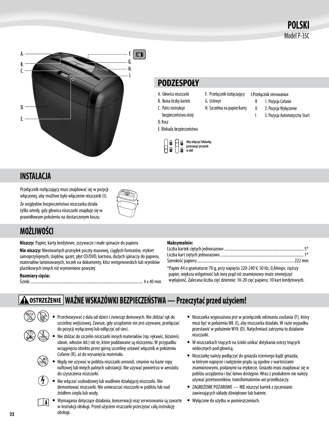 Fellowes P-35C manual Рolski, Instalacja, Podzespoły, Możliwości 