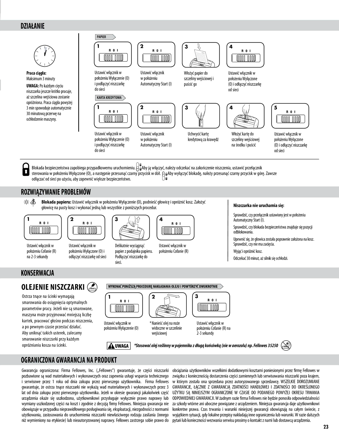 Fellowes P-35C manual Działanie, Rozwiązywanie Problemów, Konserwacja, Niszczarka nie uruchamia się 