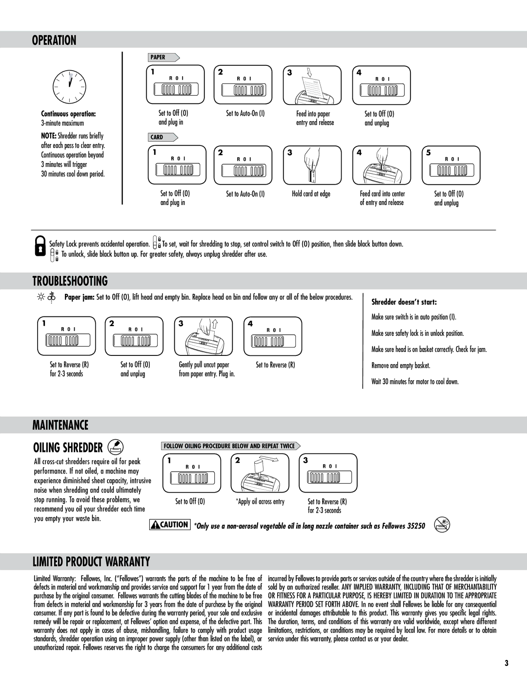 Fellowes P-35C manual Operation, Troubleshooting, Maintenance, Limited Product Warranty 