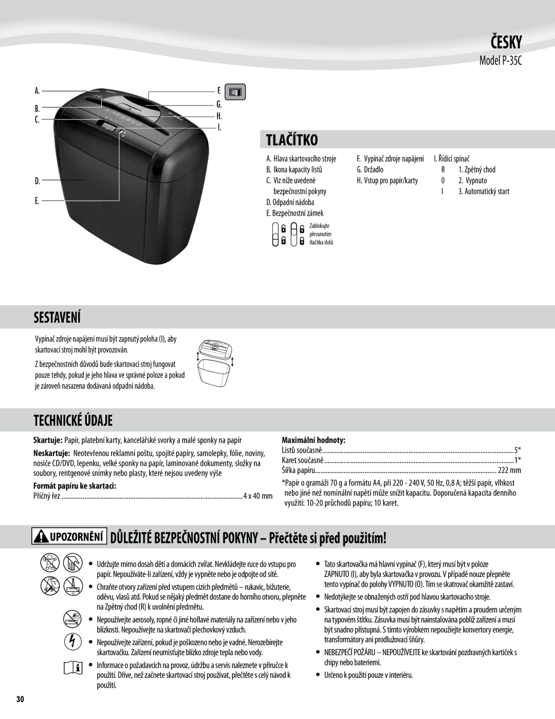 Fellowes P-35C manual Česky, Tlačítko, Sestavení, Technické Údaje 