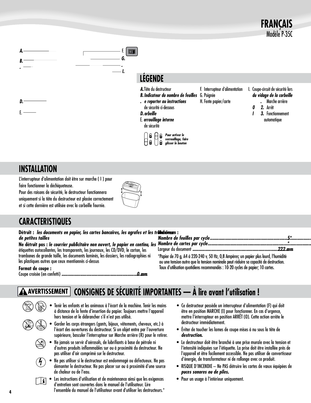 Fellowes P-35C manual Français, Légende, Installation, Caracteristiques 