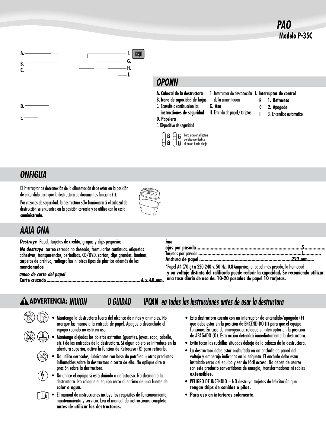 Fellowes P-35C manual Español, Configurar, Tamaño de corte del papel, Máximo 