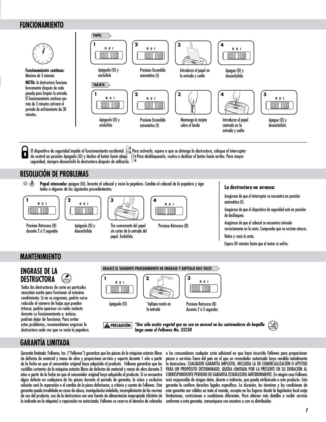 Fellowes P-35C Funcionamiento, Resolución DE Problemas, Mantenimiento Engrase DE LA Destructora, La destructora no arranca 