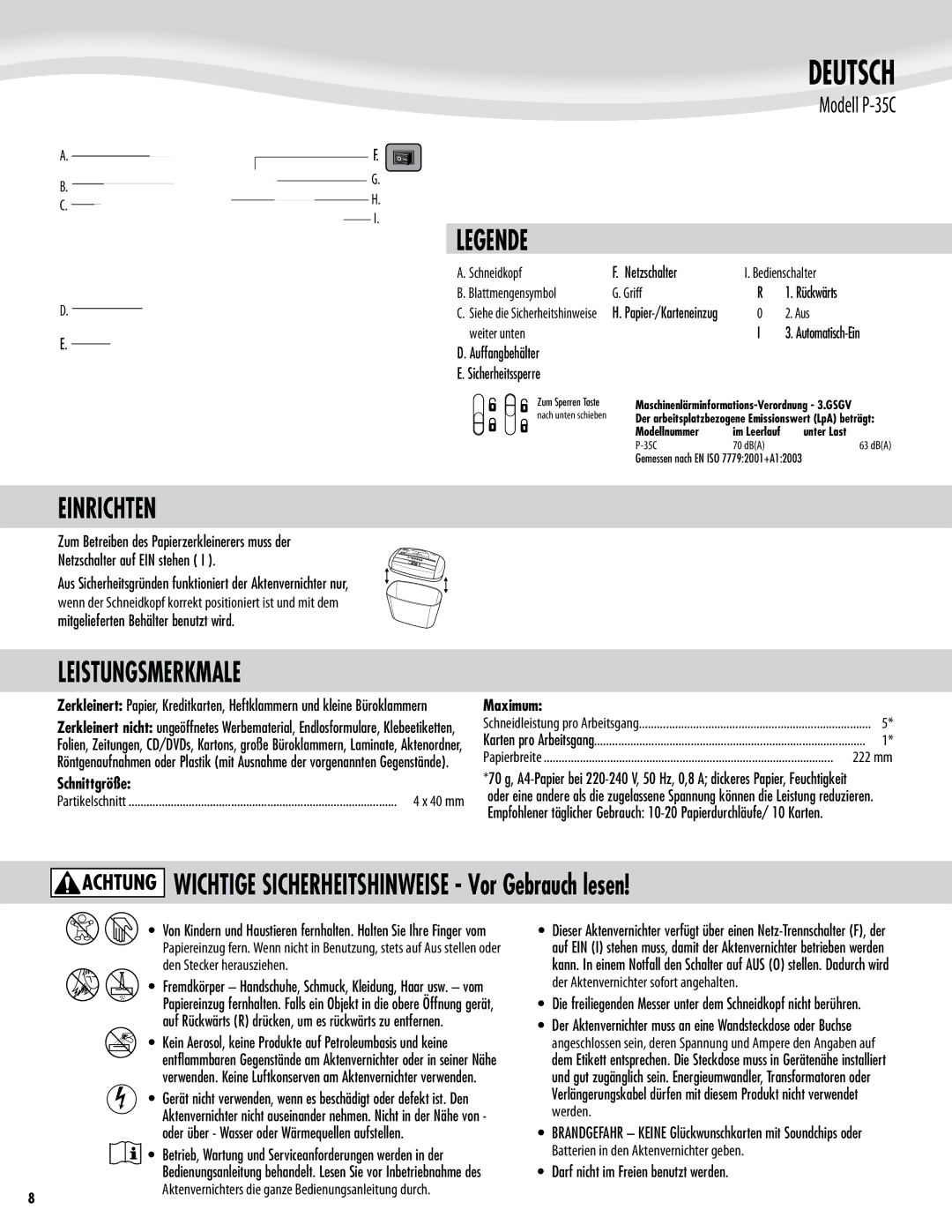 Fellowes P-35C manual Deutsch, Einrichten, Leistungsmerkmale, Aus, Schnittgröße 