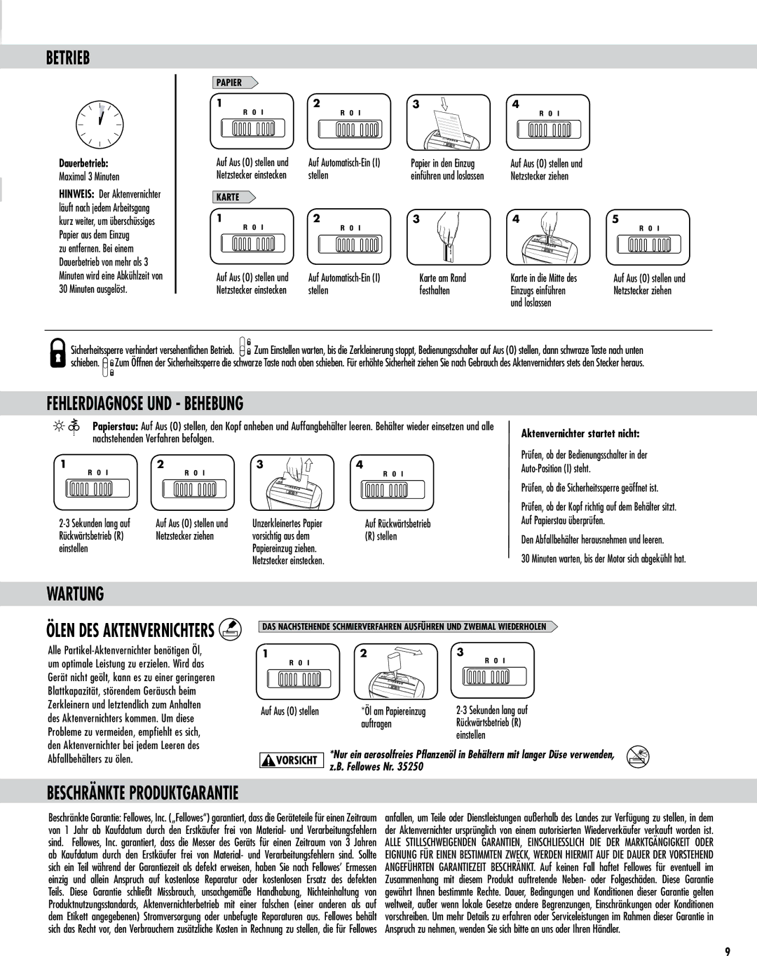 Fellowes P-35C manual Betrieb, Fehlerdiagnose UND Behebung, Wartung, Beschränkte Produktgarantie 