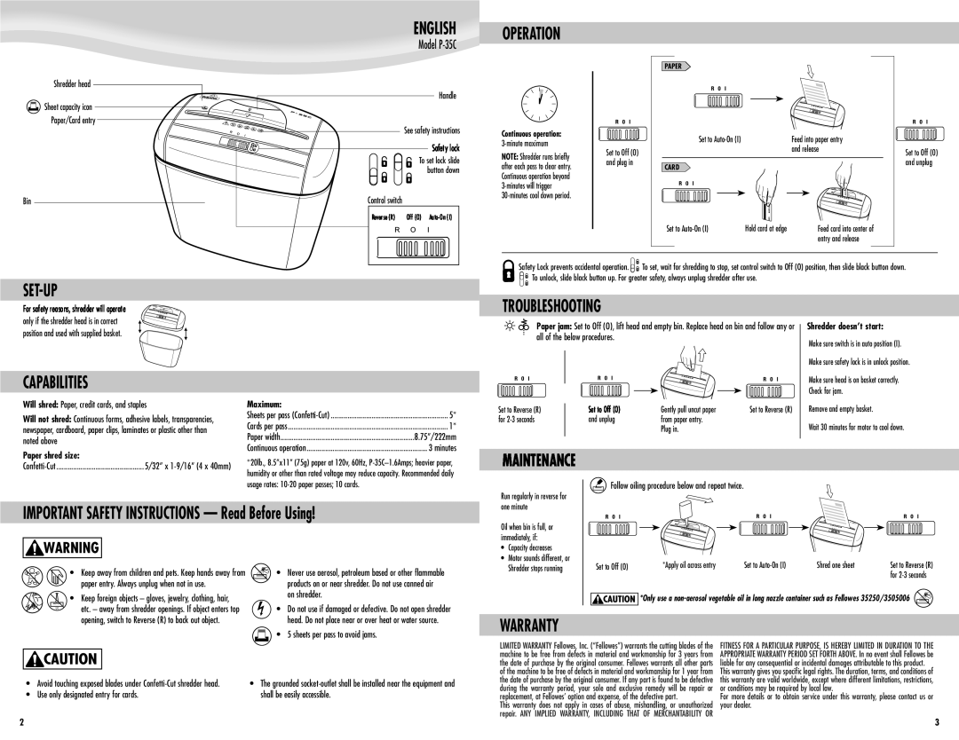 Fellowes P-35C manual Operation, Set-Up, Troubleshooting, Capabilities, Warranty 