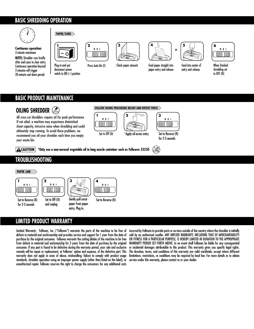 Fellowes P-35C manual Basic Shredding Operation, Troubleshooting, Limited Product Warranty 