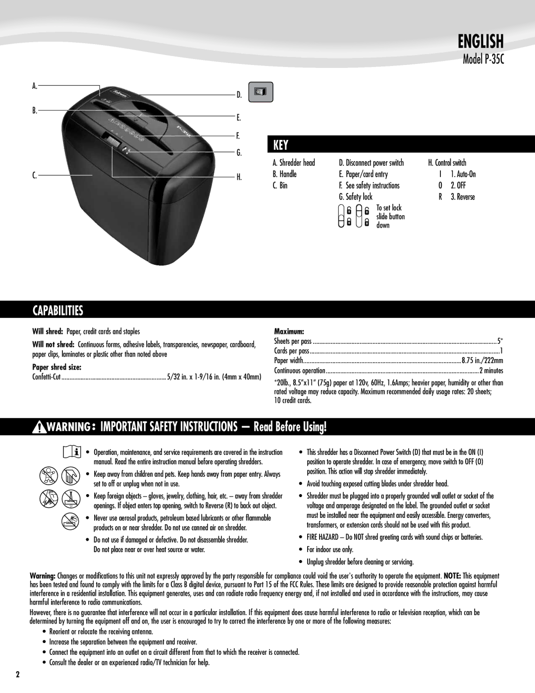 Fellowes P-35C manual English, Key, Capabilities, Paper shred size, Maximum 