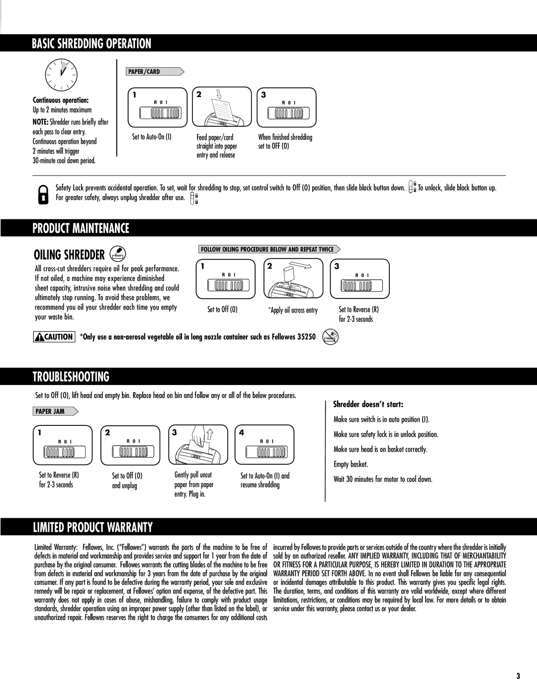 Fellowes P-35C manual Basic Shredding Operation, Product Maintenance, Troubleshooting, Limited Product Warranty 