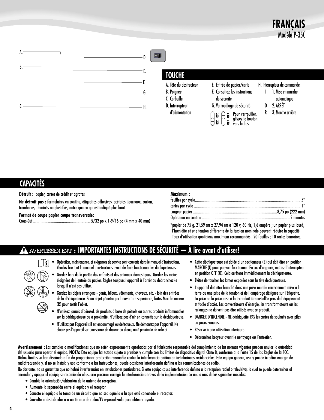 Fellowes P-35C manual Français, Touche, Capacités, Format de coupe papier coupe transversale 