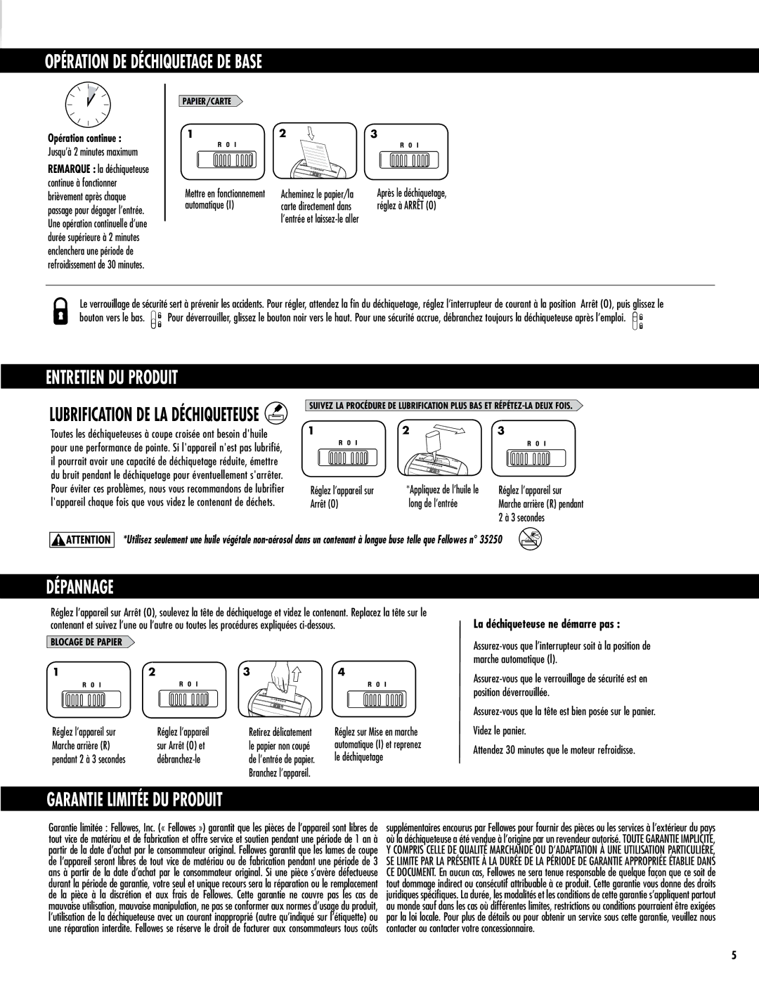 Fellowes P-35C manual Opération DE Déchiquetage DE Base, Entretien DU Produit, Dépannage, Garantie Limitée DU Produit 