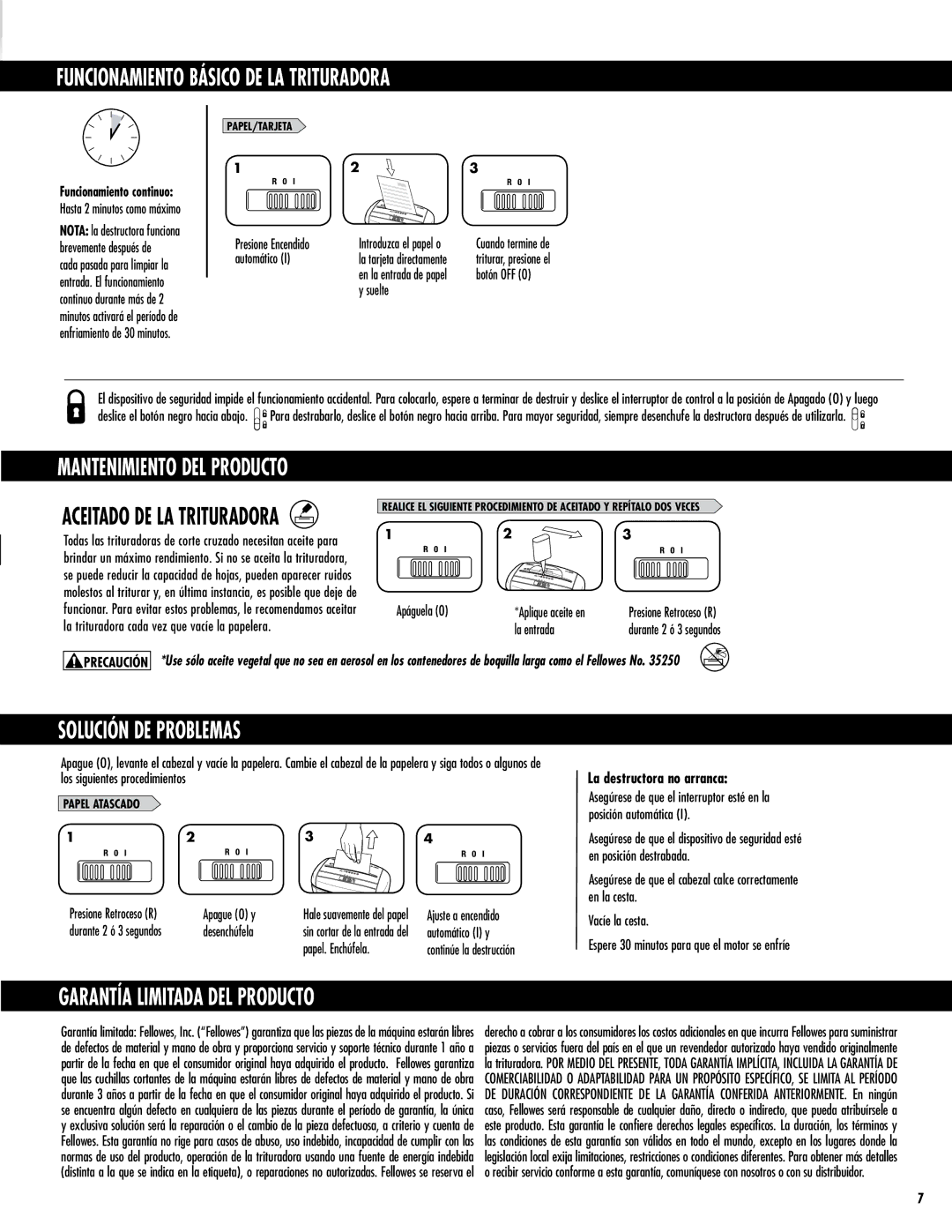 Fellowes P-35C manual Funcionamiento Básico DE LA Trituradora, Solución DE Problemas, Garantía Limitada DEL Producto 