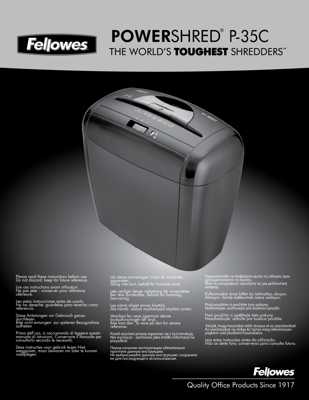 Fellowes manual POWERSHRED P-35C, Quality Ofﬁce Products Since 