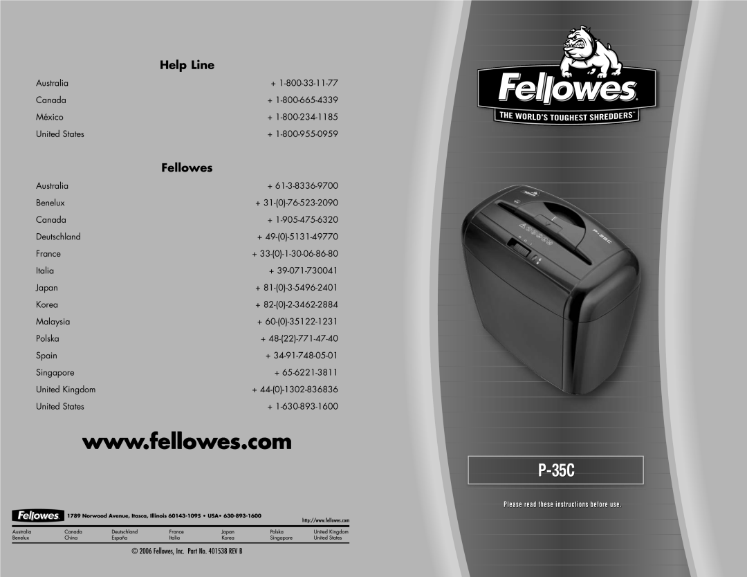 Fellowes P-35C manual Help Line, Fellowes 