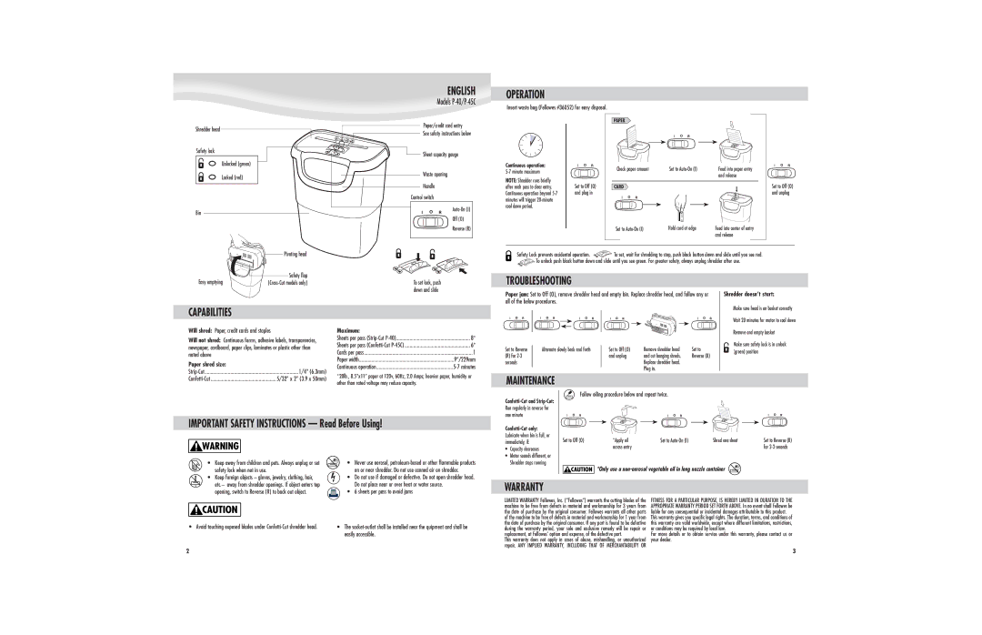 Fellowes P-45C, P-40 manual English, Operation, Troubleshooting, Capabilities, Maintenance, Warranty 