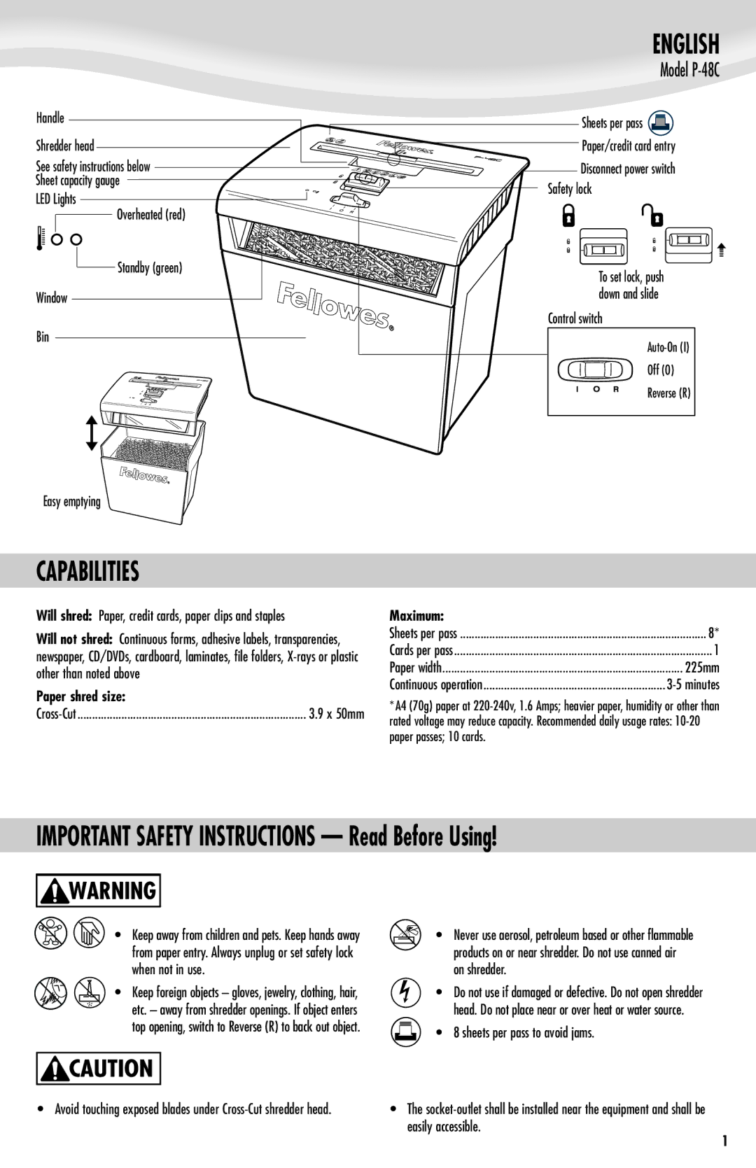 Fellowes P-48C manual English, Capabilities, Paper shred size, Maximum 