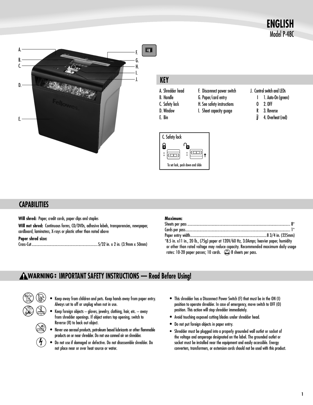 Fellowes P-48C manual Key, Capabilities, Paper shred size, Maximum 