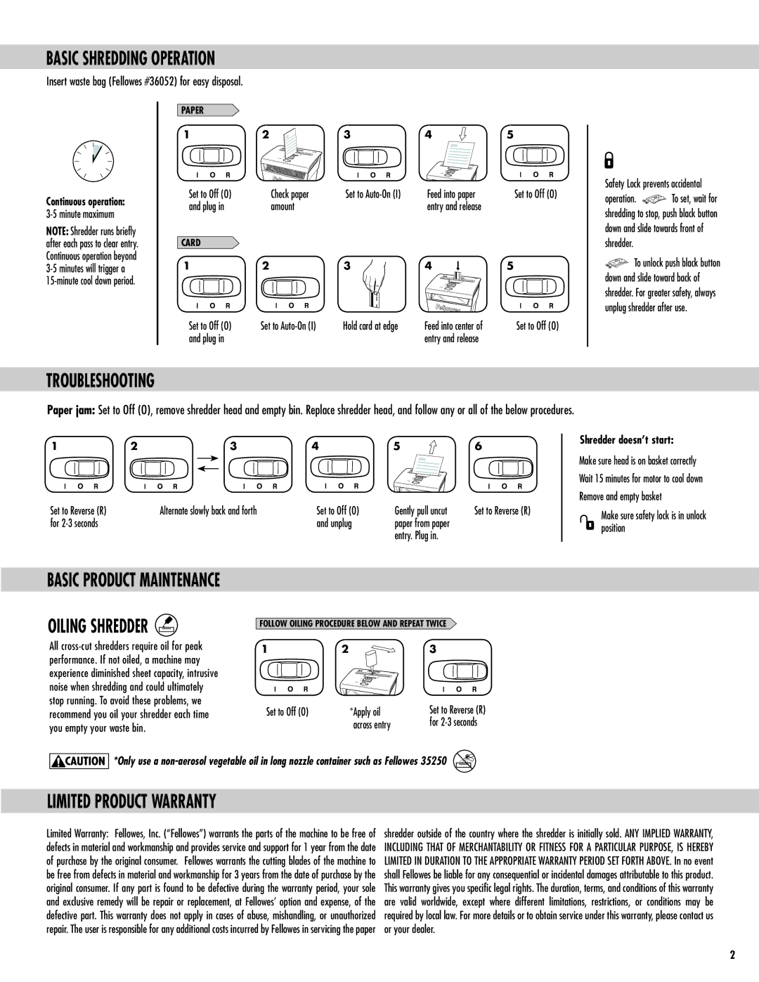Fellowes P-48C manual Basic Shredding Operation, Troubleshooting, Oiling Shredder, Limited Product Warranty 