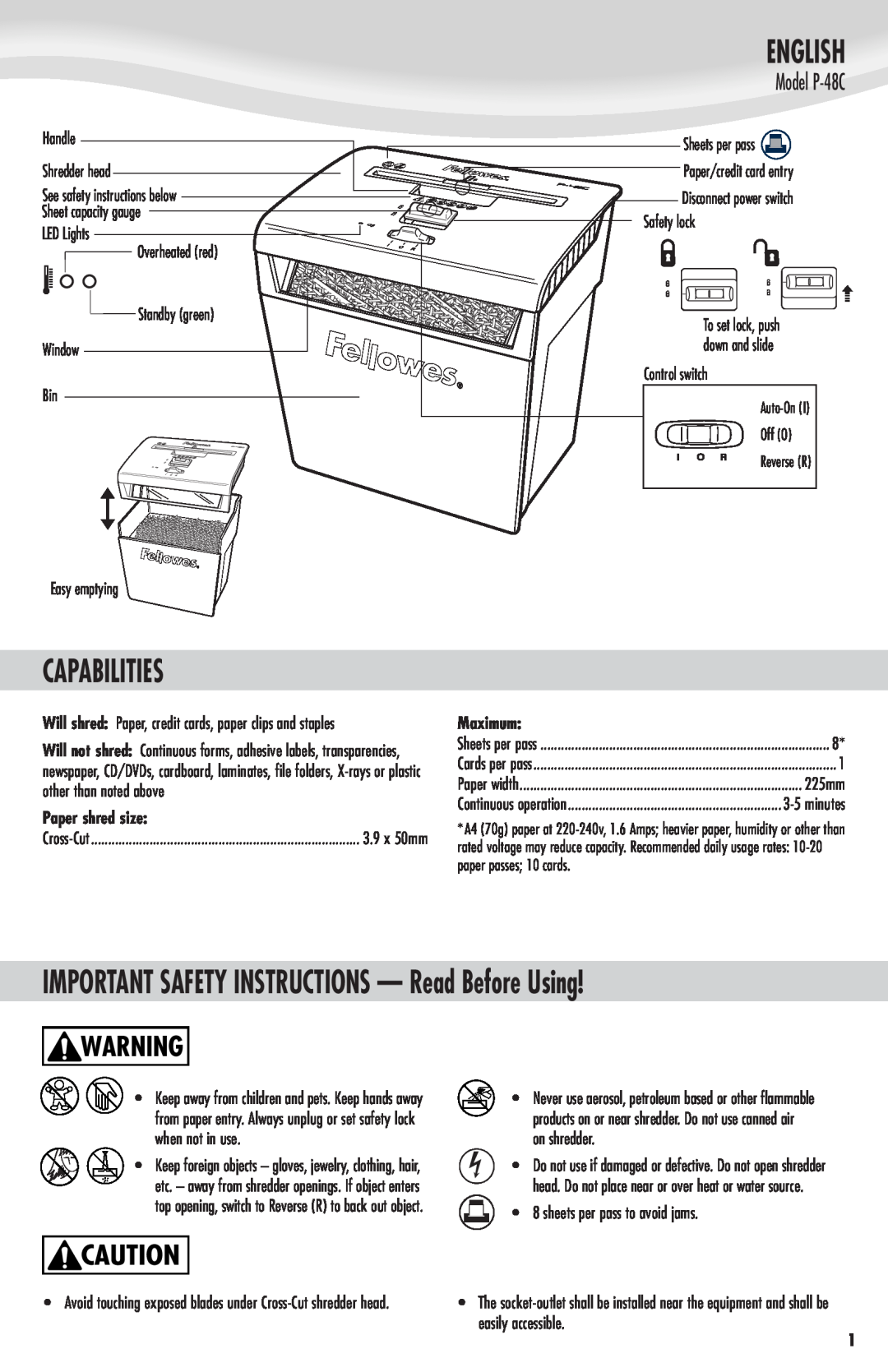 Fellowes English, Capabilities, IMPORTANT SAFETY INSTRUCTIONS - Read Before Using, Model P-48C, Handle Shredder head 