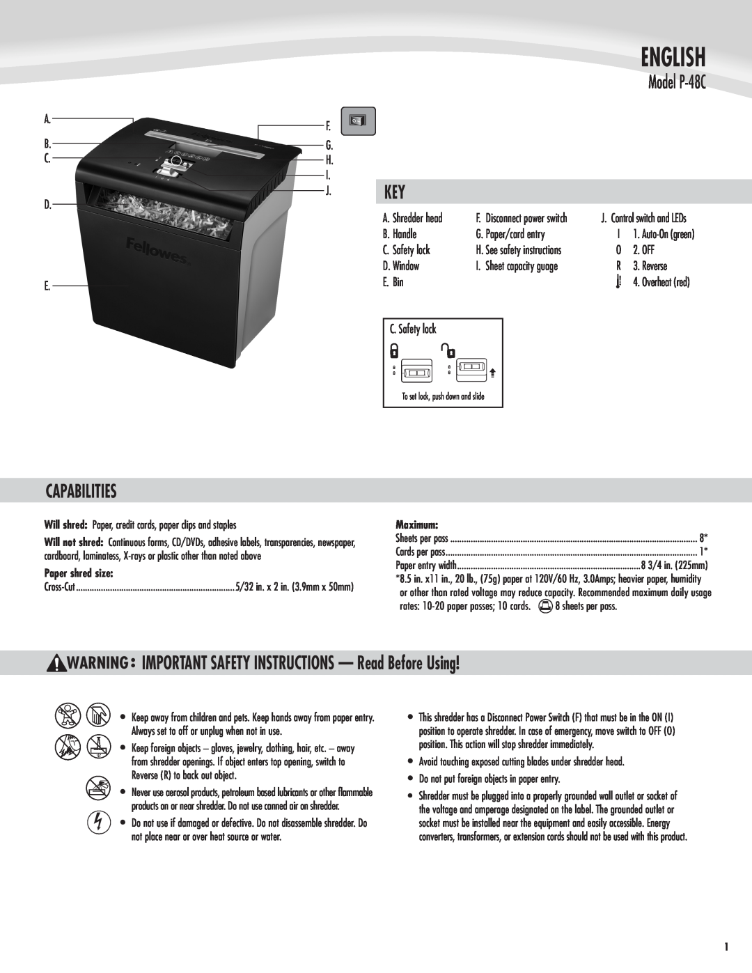 Fellowes manual Capabilities, IMPORTANT SAFETY INSTRUCTIONS - Read Before Using, English, Model P-48C 