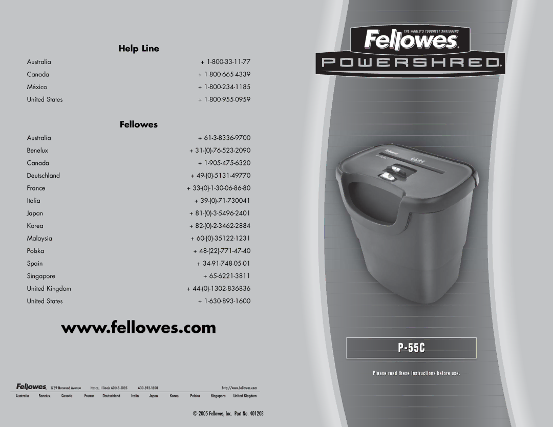 Fellowes P-55C manual Help Line 