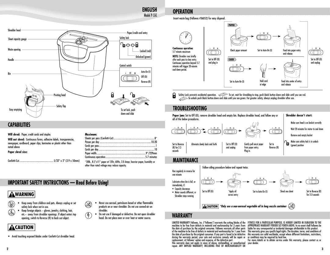 Fellowes P-55C manual English, Operation, Troubleshooting, Capabilities, Warranty 