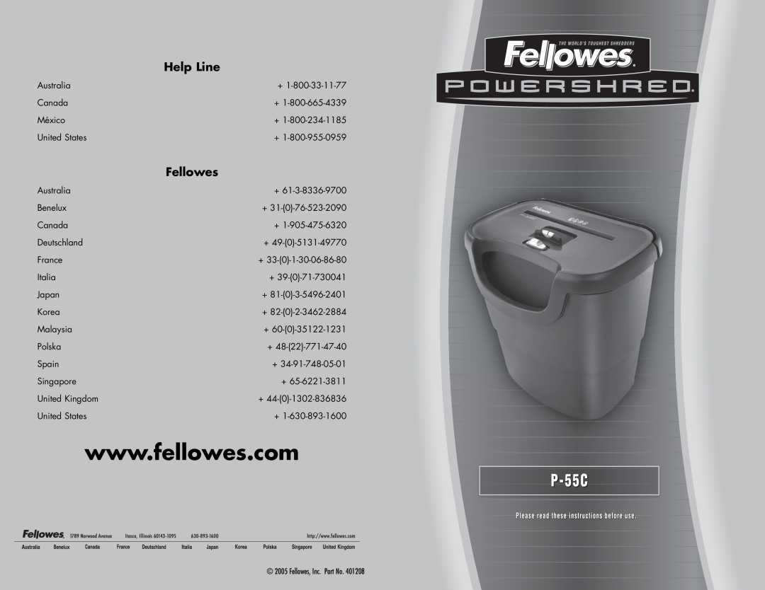 Fellowes P-55C manual Help Line, Fellowes, Inc. Part No 