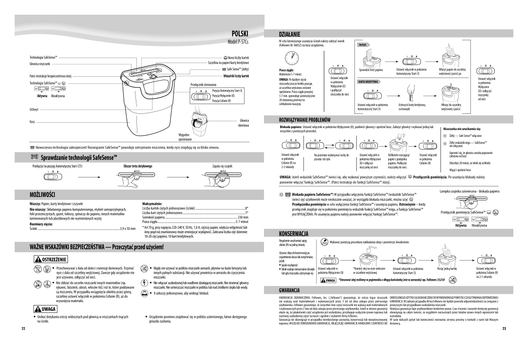 Fellowes P-57Cs manual Działanie 