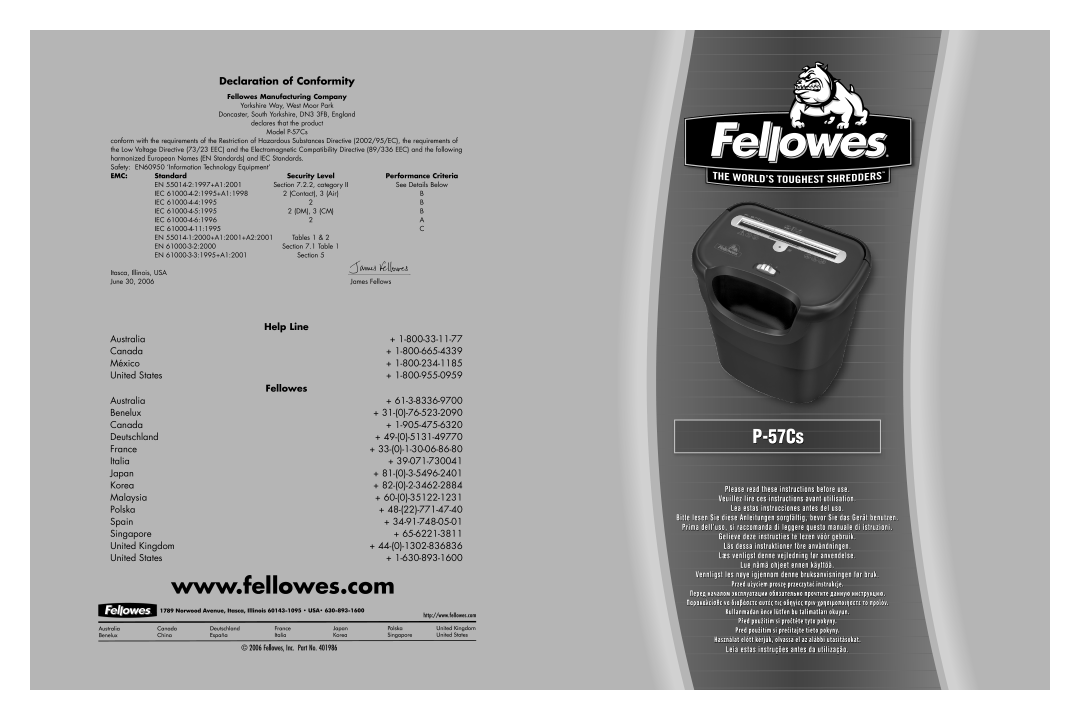 Fellowes P-57Cs manual Declaration of Conformity, PP--57Cs57Cs 