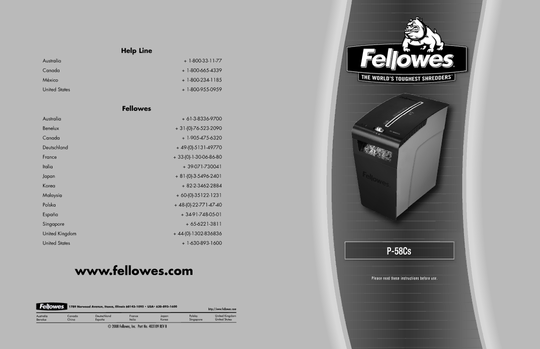 Fellowes P-58Cs manual Help Line, Fellowes 