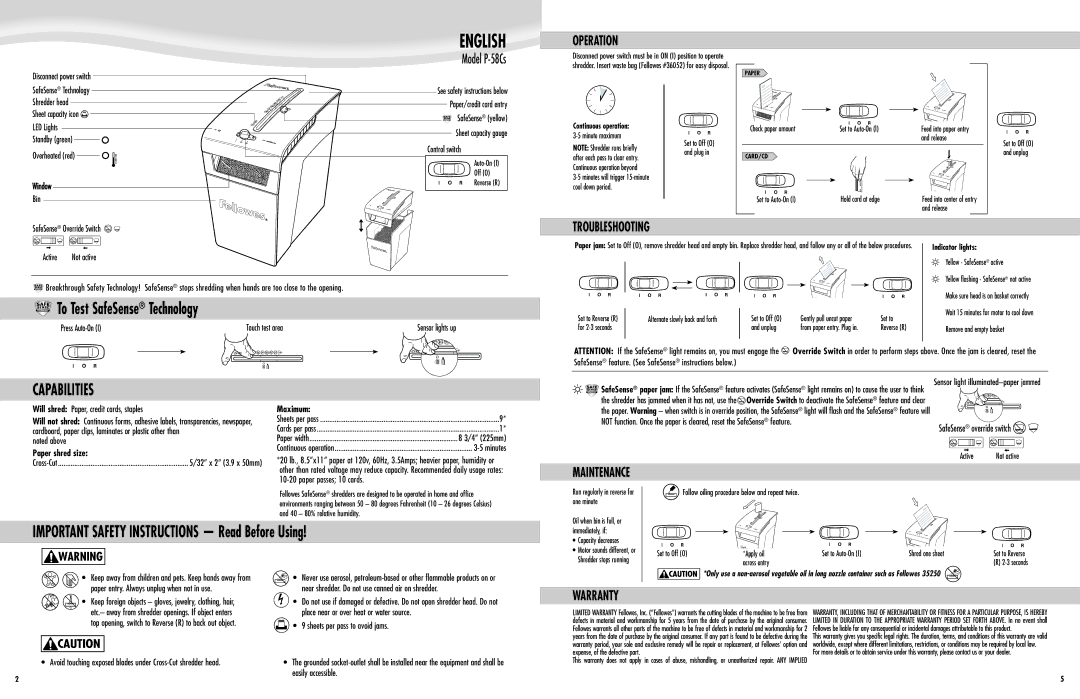 Fellowes P-58Cs manual To Test SafeSense Technology, Important Safety Instructions Read Before Using 