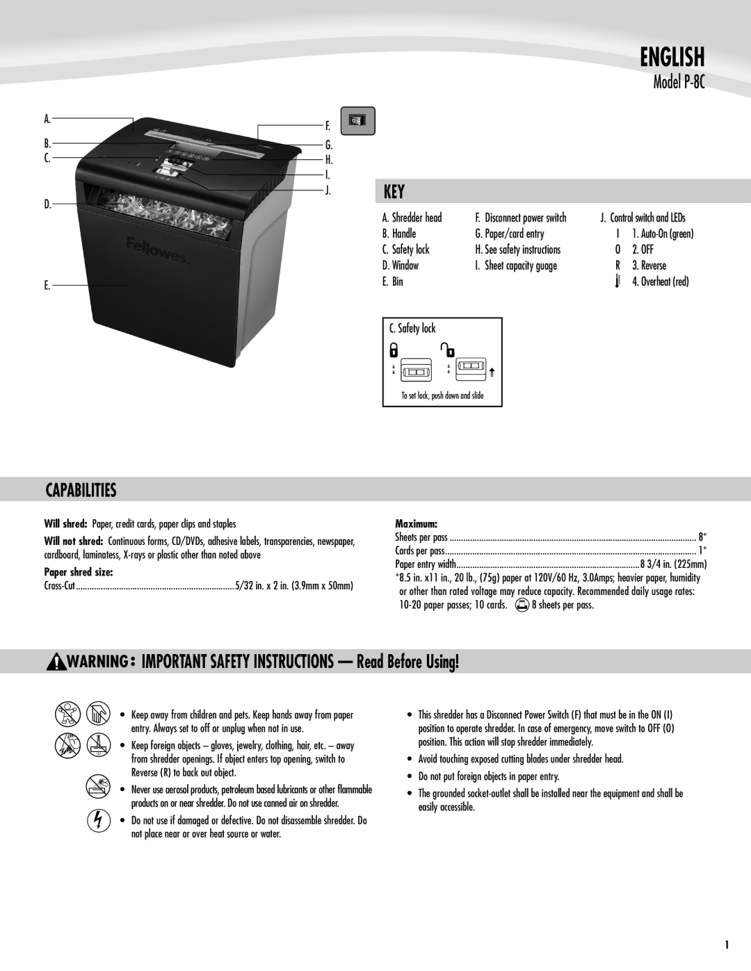 Fellowes P-8C manual Key, Capabilities, Paper shred size, Maximum 