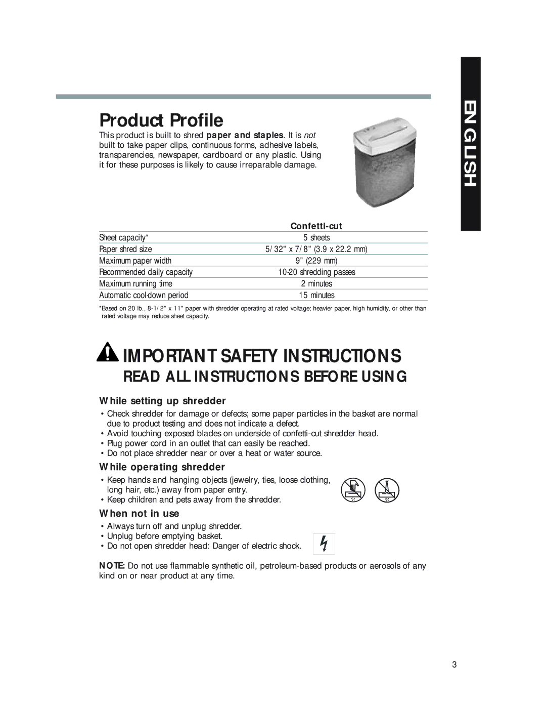 Fellowes P50CM manual Product Profile, While setting up shredder, While operating shredder, When not in use 