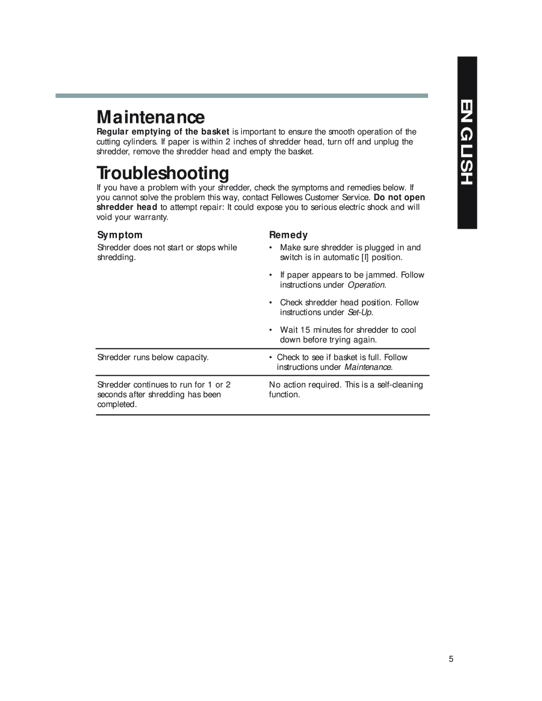 Fellowes P50CM manual Maintenance, Troubleshooting, Symptom Remedy 