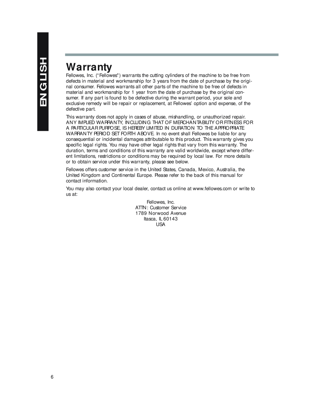 Fellowes P50CM manual Warranty, English 