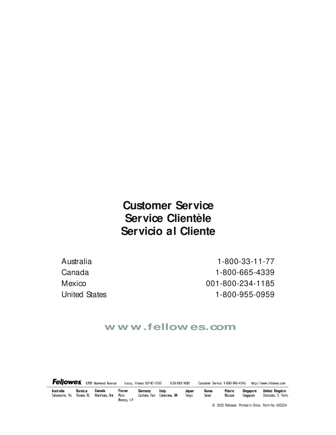 Fellowes P50CM manual Customer Service Service Clientèle Servicio al Cliente, Australia, 1-800-33-11-77, Canada, Mexico 