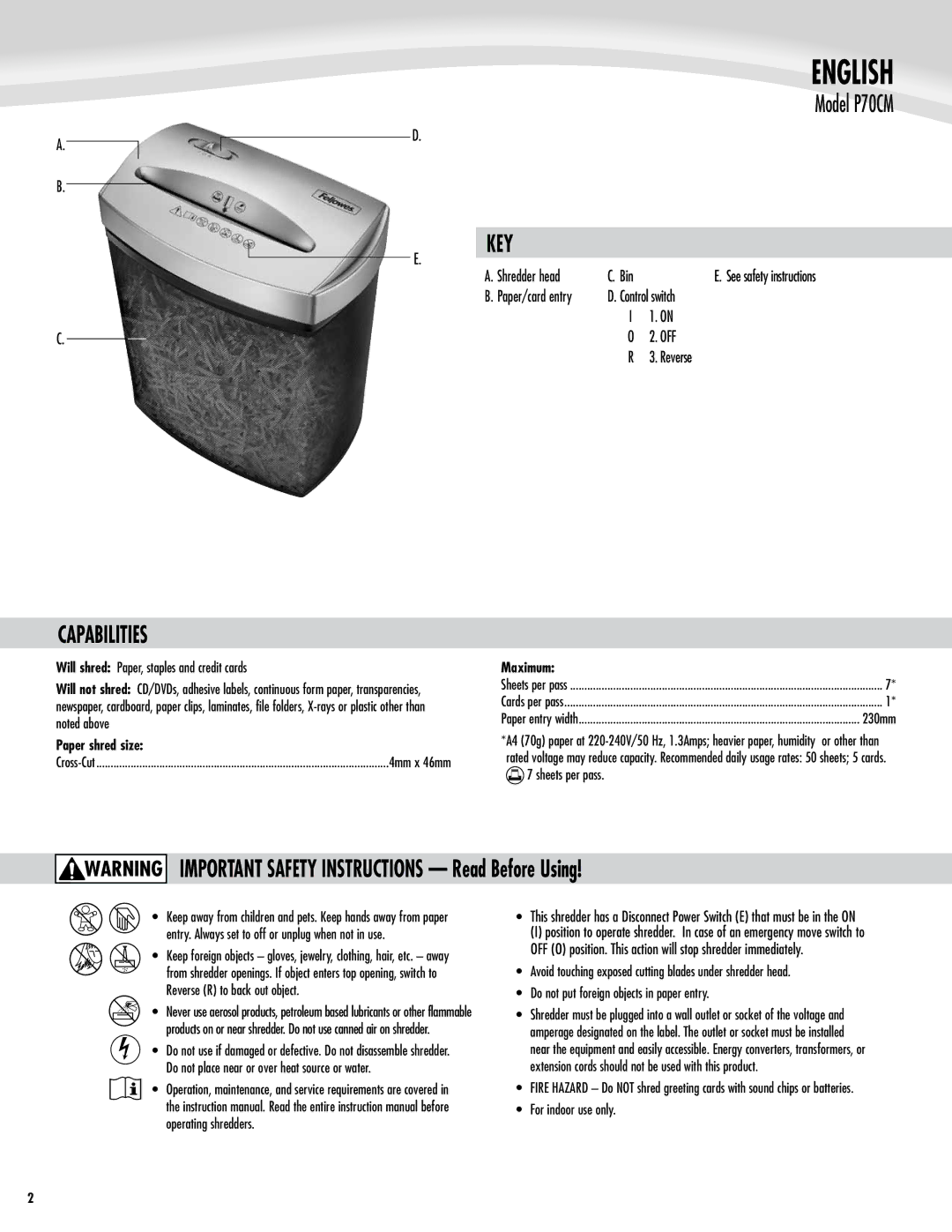 Fellowes P70CM manual English, Capabilities, Key, IMPORTANT SAFETY INSTRUCTIONS Read Before Using, Off 