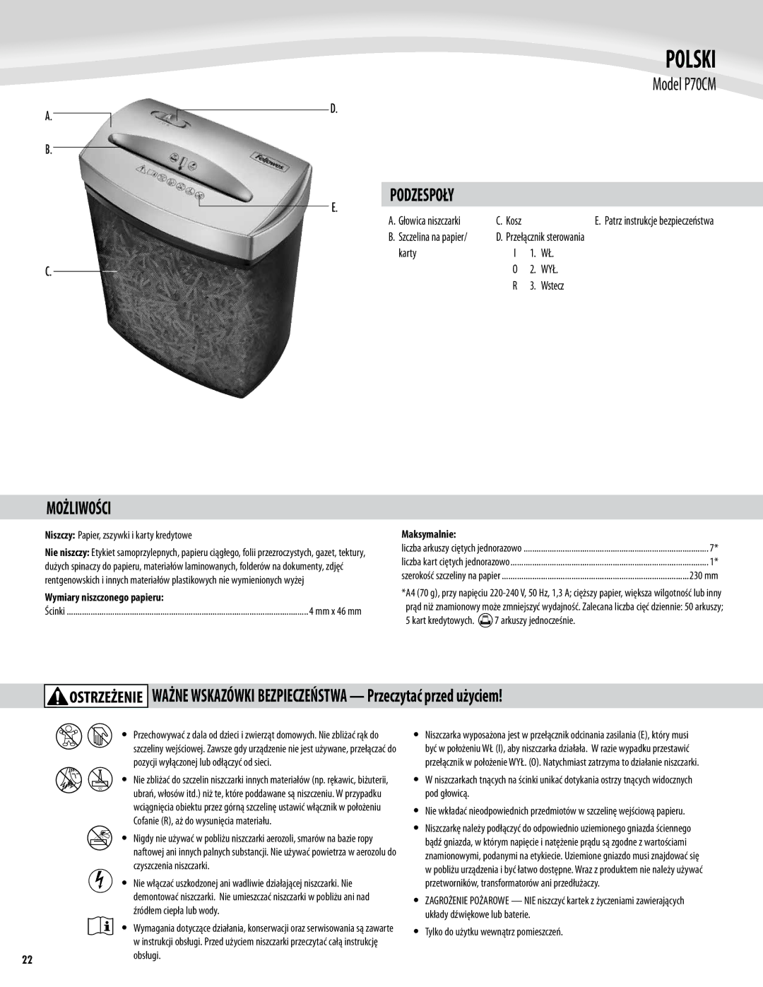 Fellowes P70CM manual Polski, Możliwości, Podzespoły, Wył 